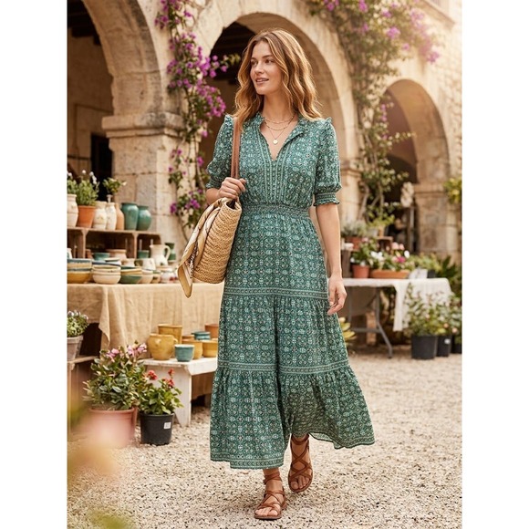 Max Studio Dresses & Skirts - Floral Smocked Max Studio Green Rayon Maxi Dress Size M Medium